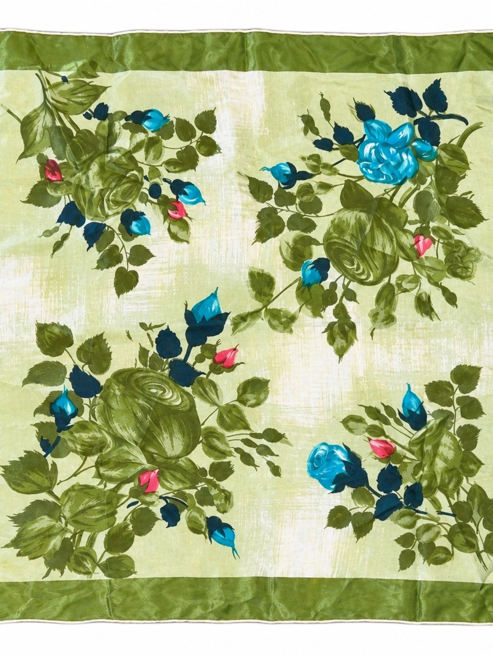 Vintage Japanese Floral Green Silk Scarf with Blue and Pink Accents